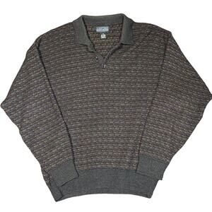 Jantzen Sweater L Gray Multicolor Mens Knit Polo Collar Vintage Pullover